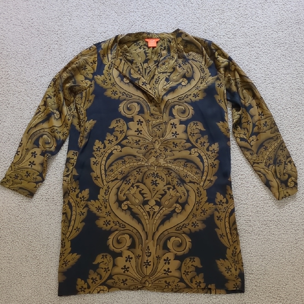 JOE Fresh Black and Gold Patterned Silk Like Tunic Shift Long Sleeve Dress